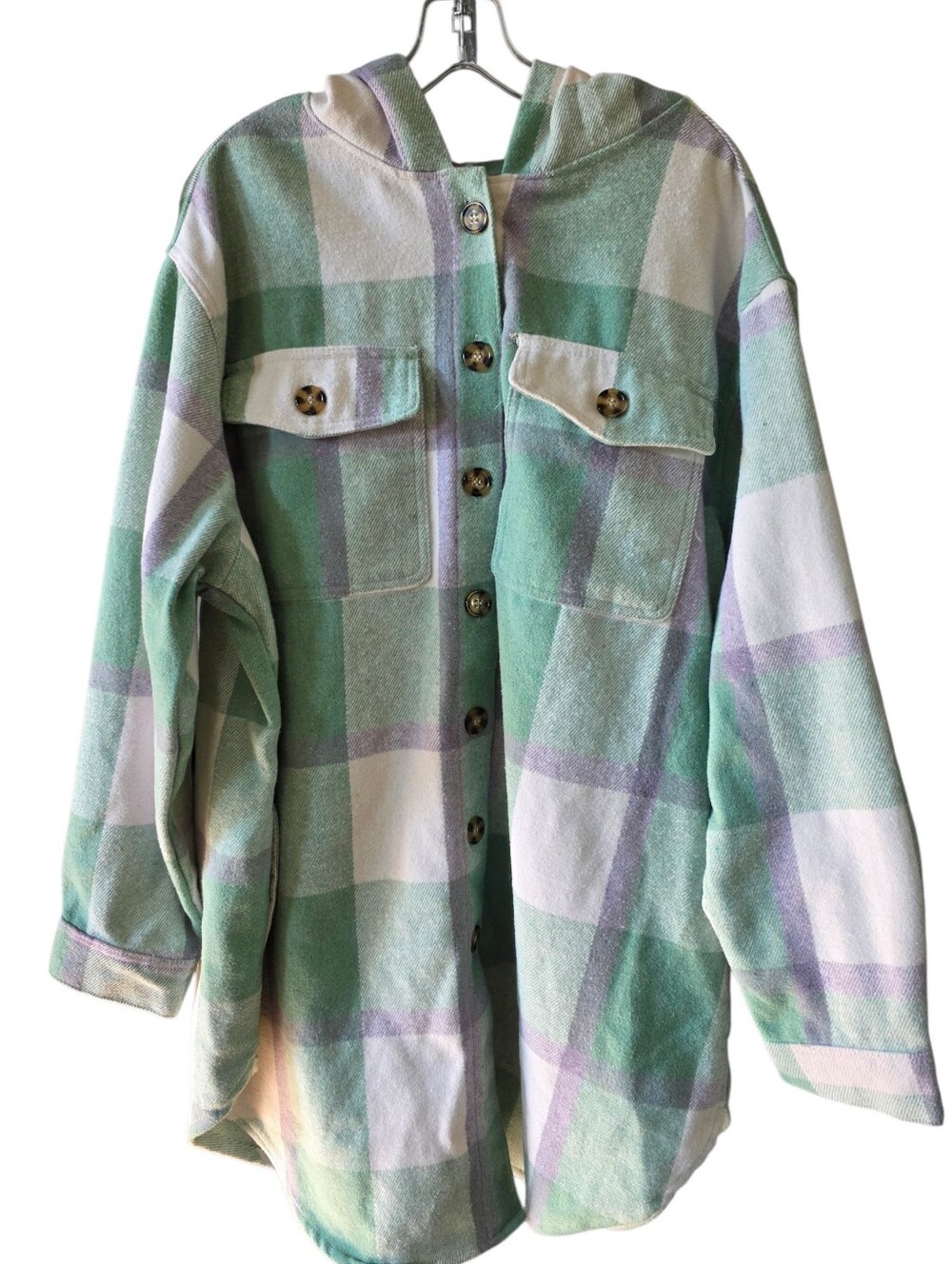 Women's Hooded Plaid Button-up Shacket in White, Mint, & Lavender Size 3X